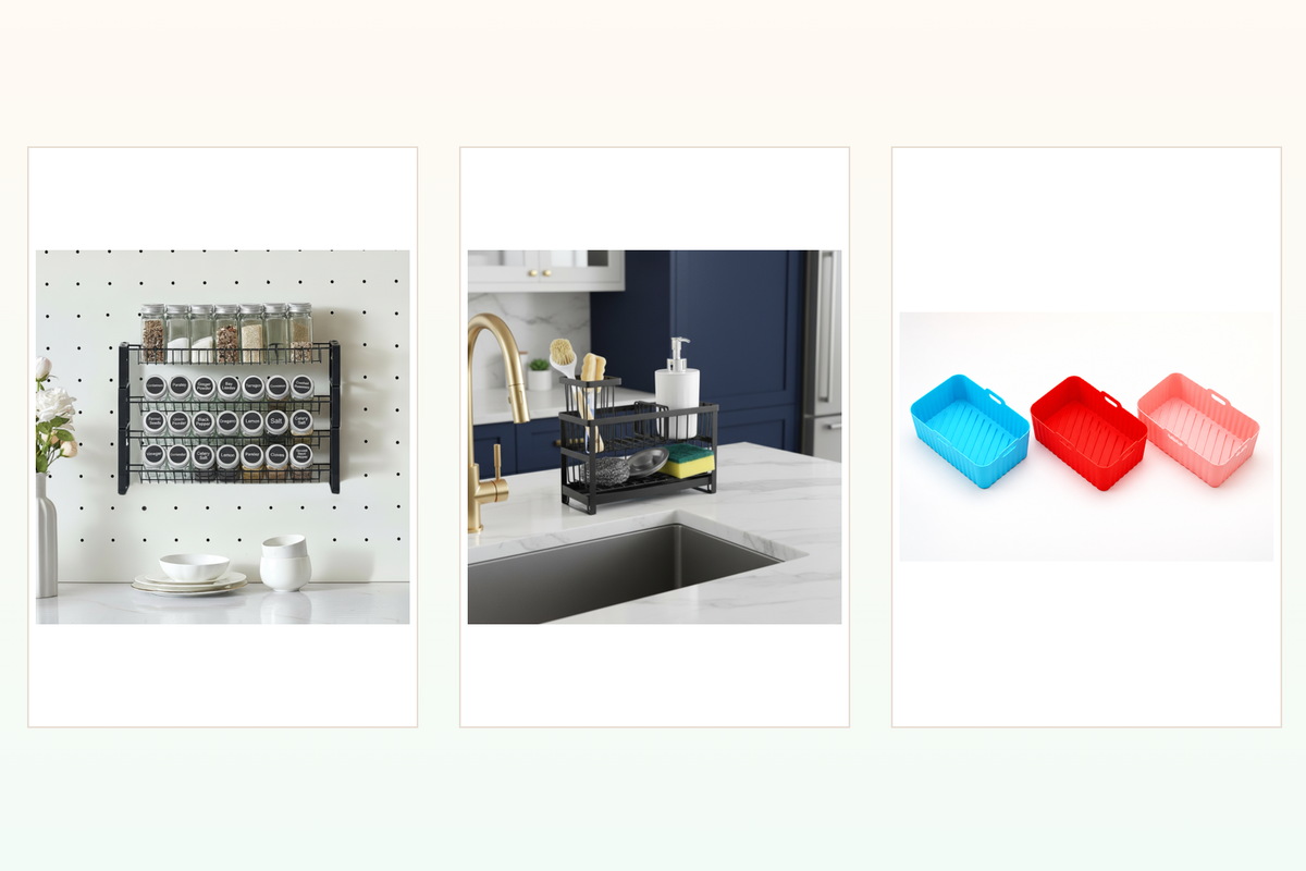 The Kitchen Reset bundle with Savor spice rack, Cascade sink caddy, and CrispNest liners in three colors