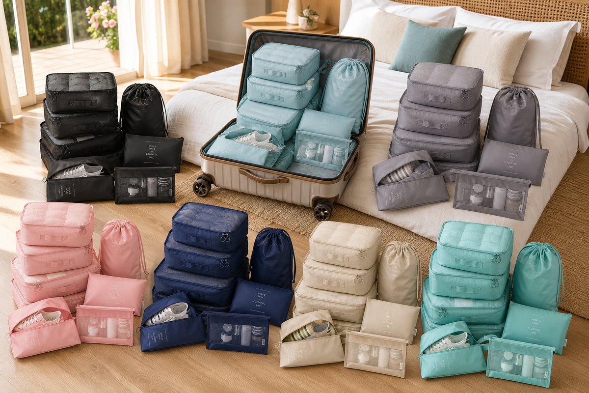 Voyage eight-piece packing cube sets in all seven colors around open suitcases