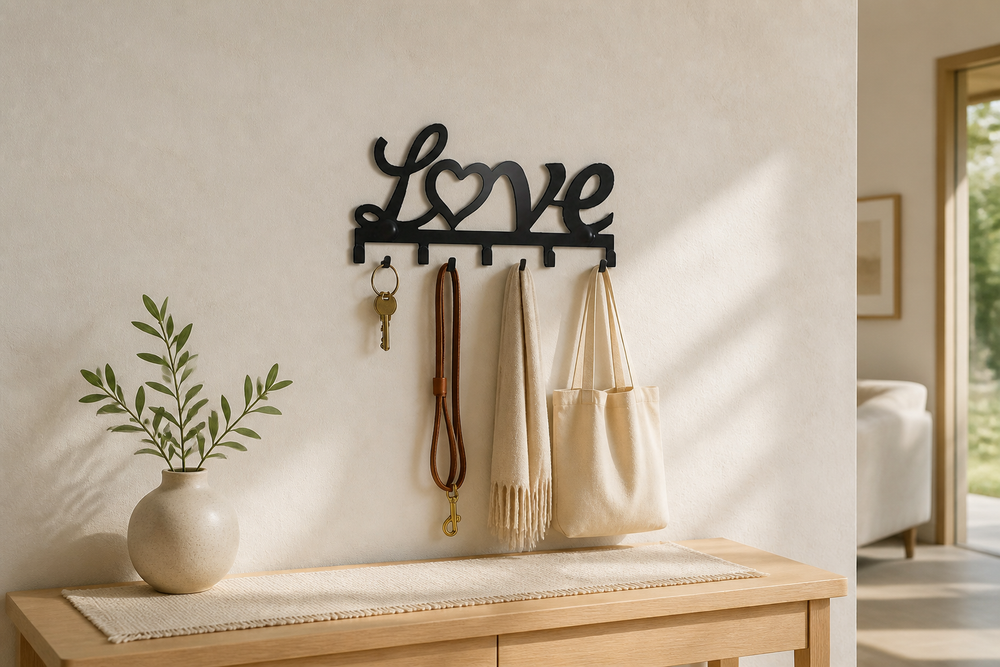 Amour matte-black LOVE wall hook rack organizing keys, leash, scarf and tote in a warm entryway