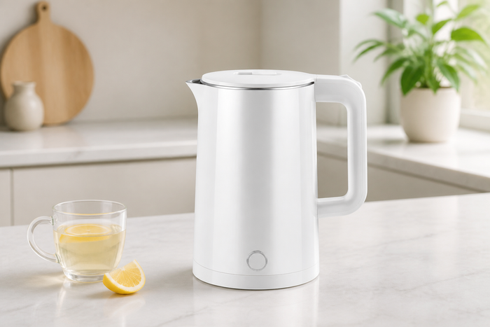 Aria white cordless electric kettle beside lemon tea in a bright modern kitchen