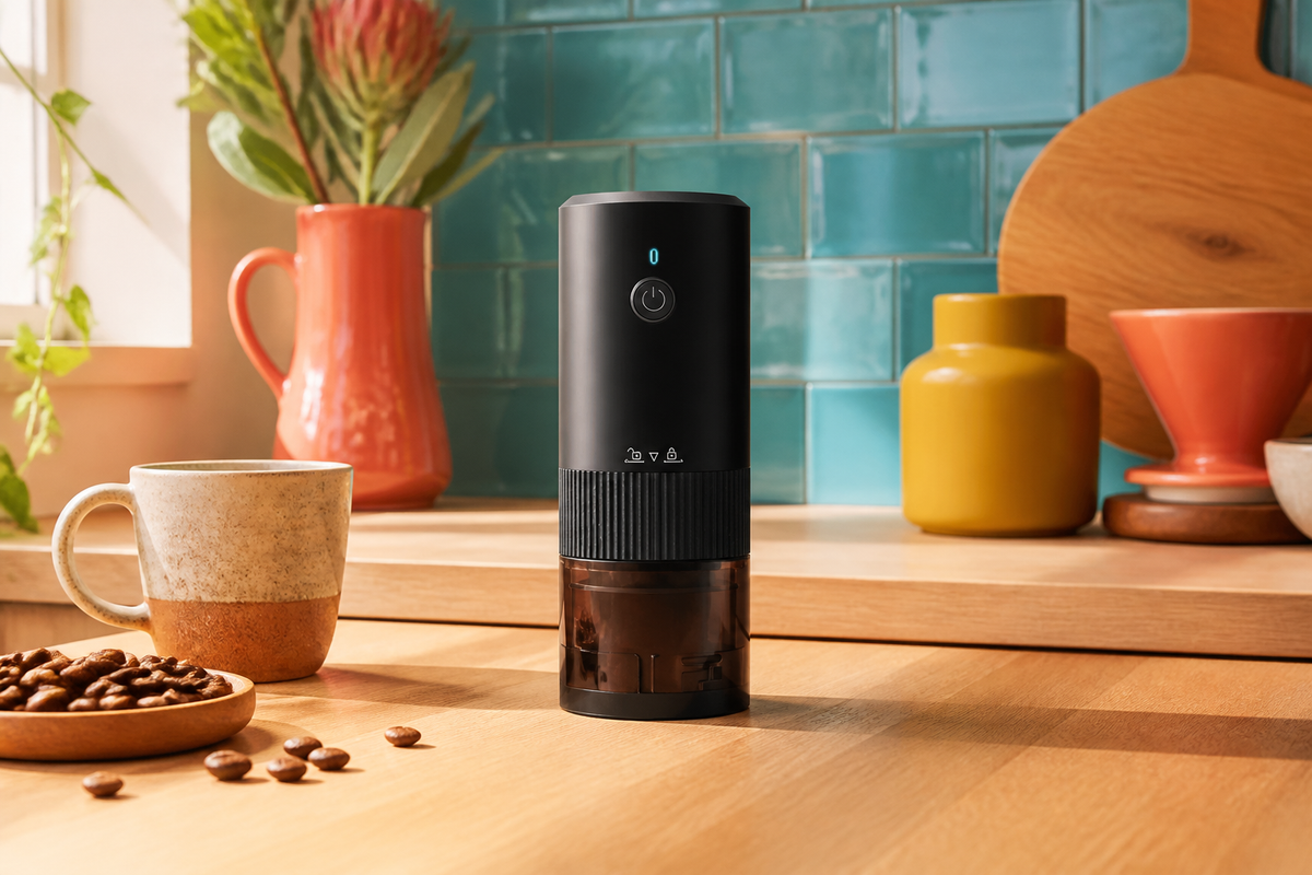 BeanMill Black cordless coffee grinder in a bright colorful kitchen