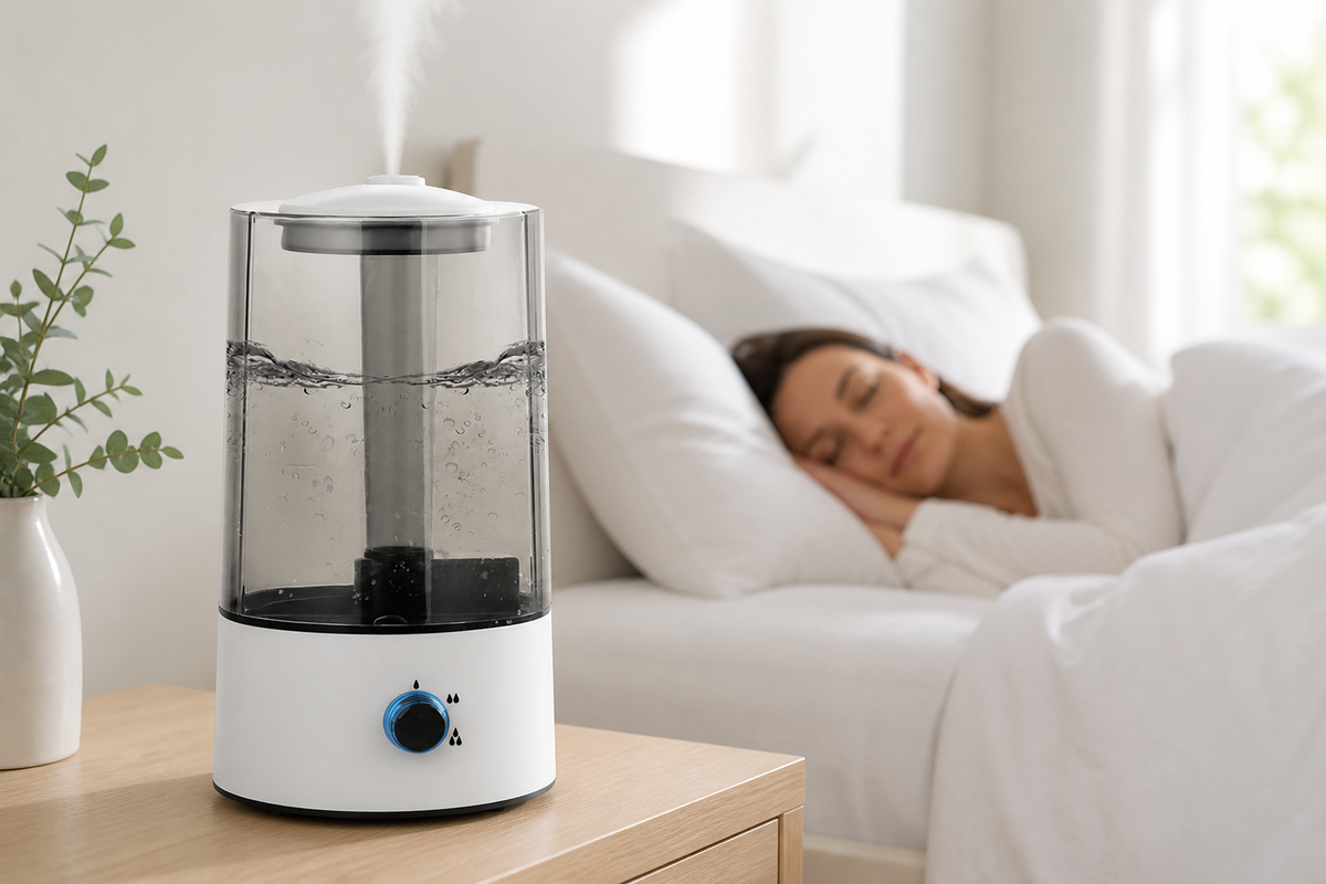 HushMist 4 L cool mist humidifier on a bright bedroom nightstand while a woman sleeps