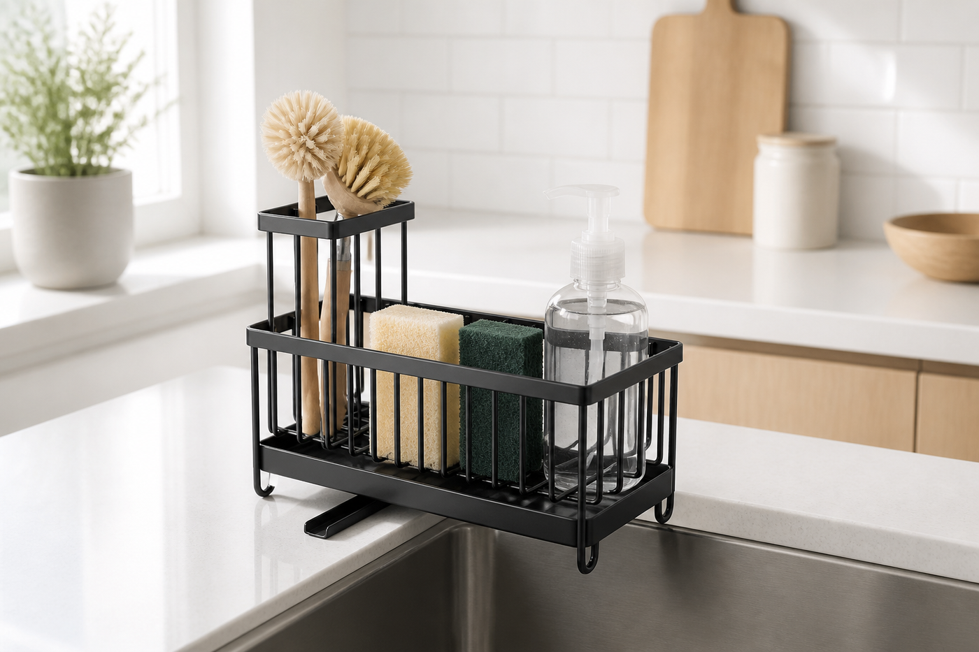 Brim black metal sink caddy holding brushes, sponges, a scrub pad and soap