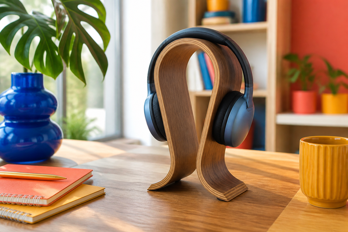 Brown Arcwood continuous-loop laminated-plywood headphone stand in a colorful creative studio