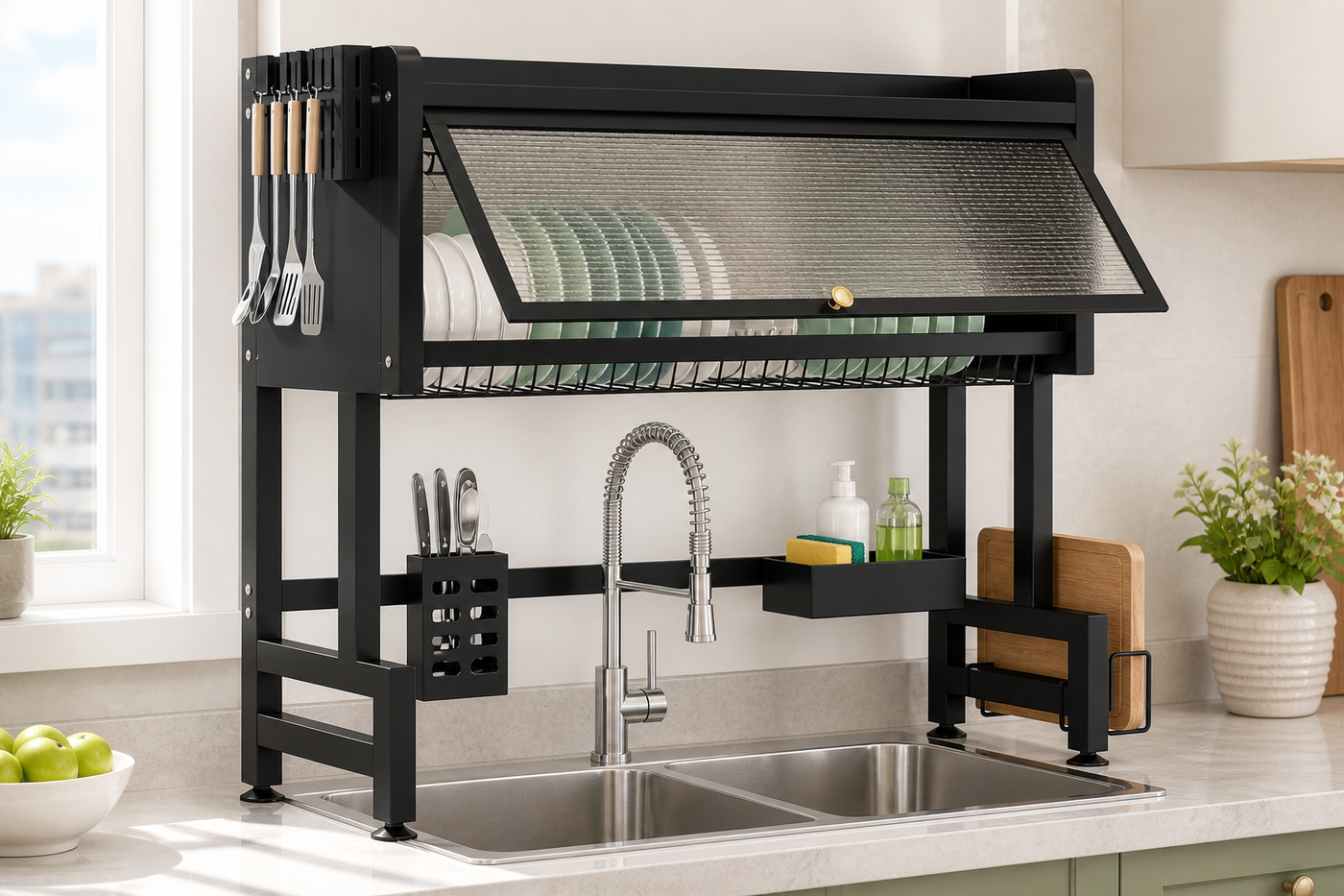 ClearSpan black covered over-sink dish rack with top shelf and side organizers