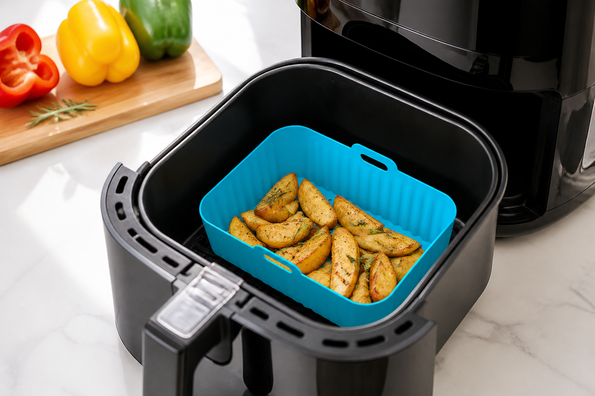 Blue CrispNest liner fitted inside a standard air-fryer drawer
