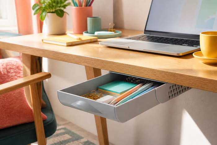 Grey DeskNook adhesive under-desk drawer in a bright organized workspace