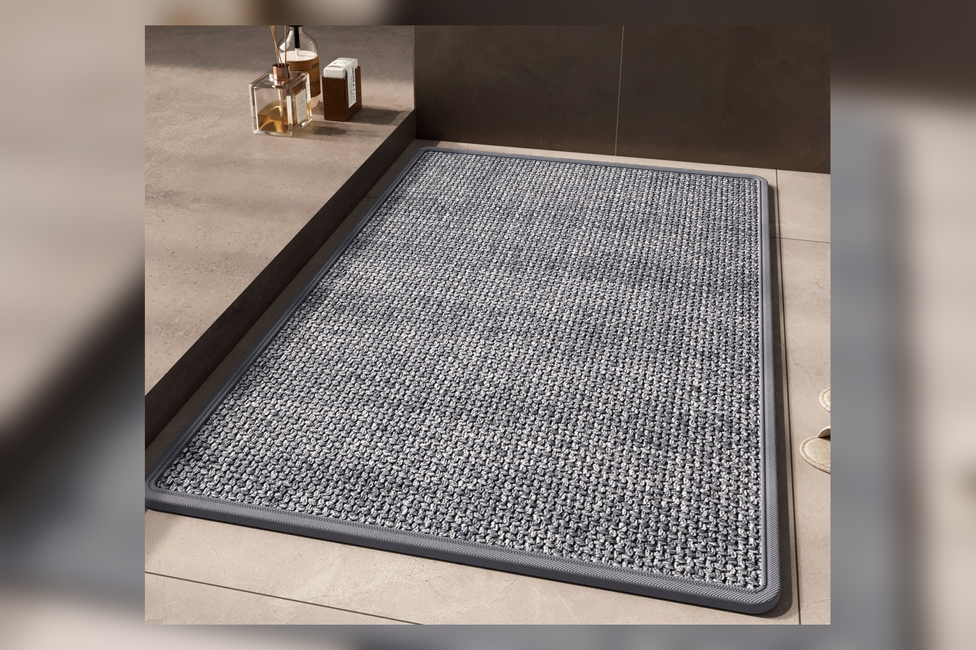 Grey Loom woven non-slip mat in a bathroom