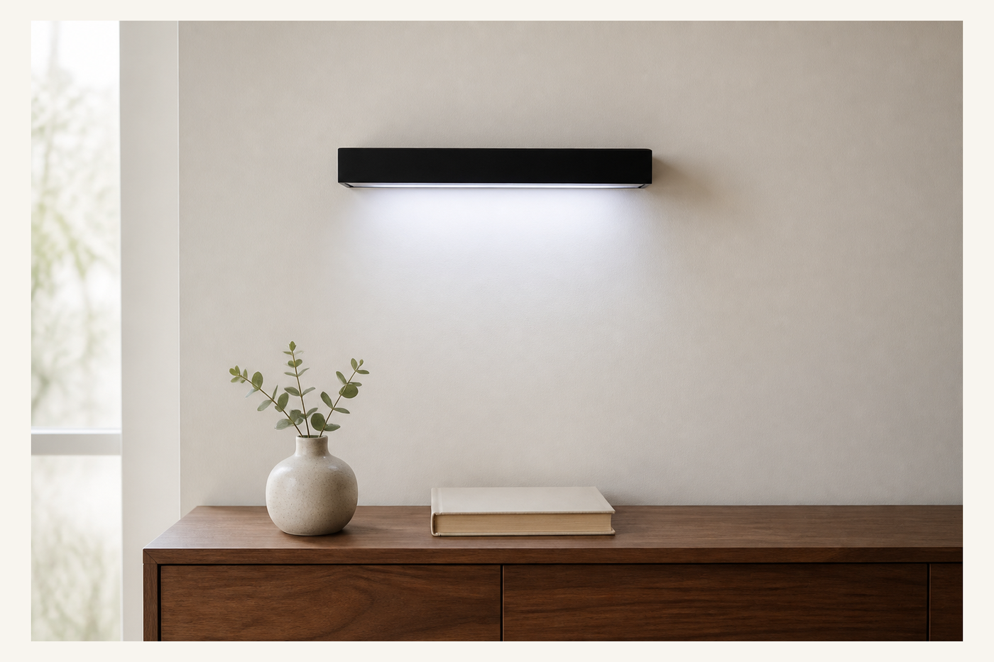 Halo LED floating shelf casting soft downlight in a living room