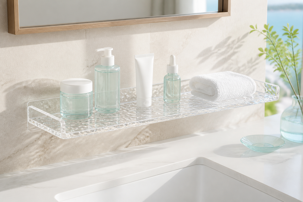 RippleClear long transparent water-ripple shelf in a bright modern bathroom