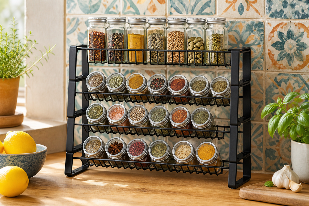 Savor four-tier modular spice rack on a colorful sunlit kitchen counter; spice jars not included