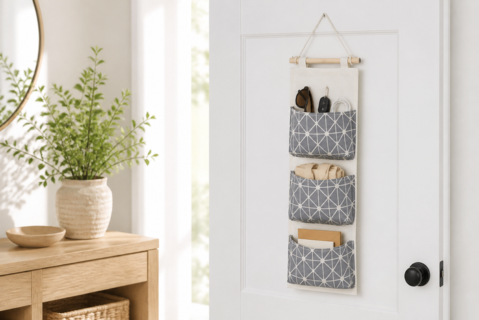 Sill three-pocket hanging organizer on a bright entryway door