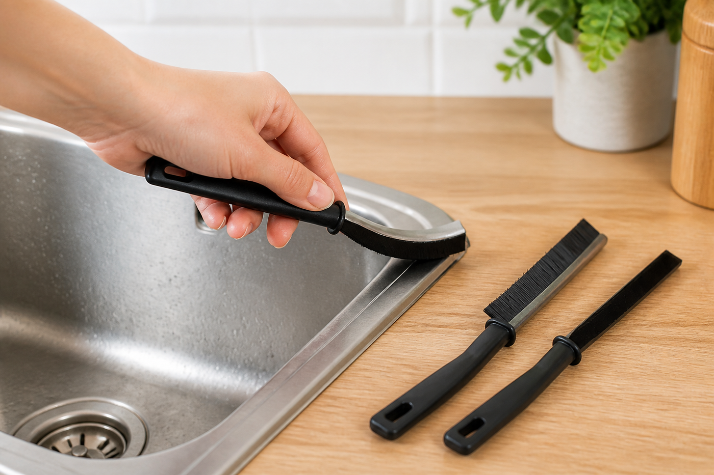 Sliver crevice brush cleaning the seam of a stainless-steel kitchen sink
