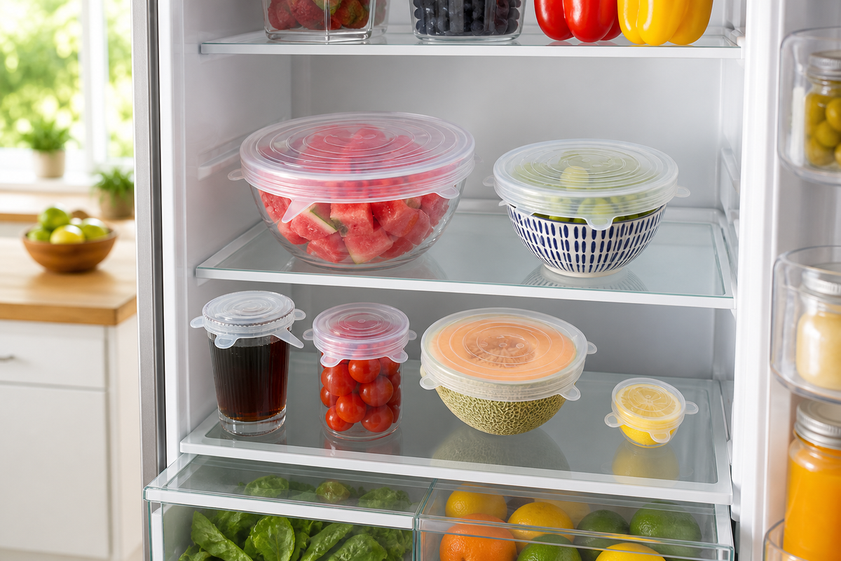 Six graduated Snug stretch lids keeping prepared food visible inside a refrigerator