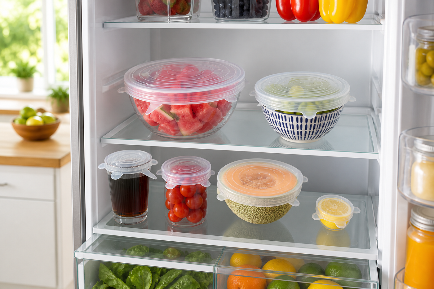 Six graduated Snug stretch lids keeping prepared food visible inside a refrigerator
