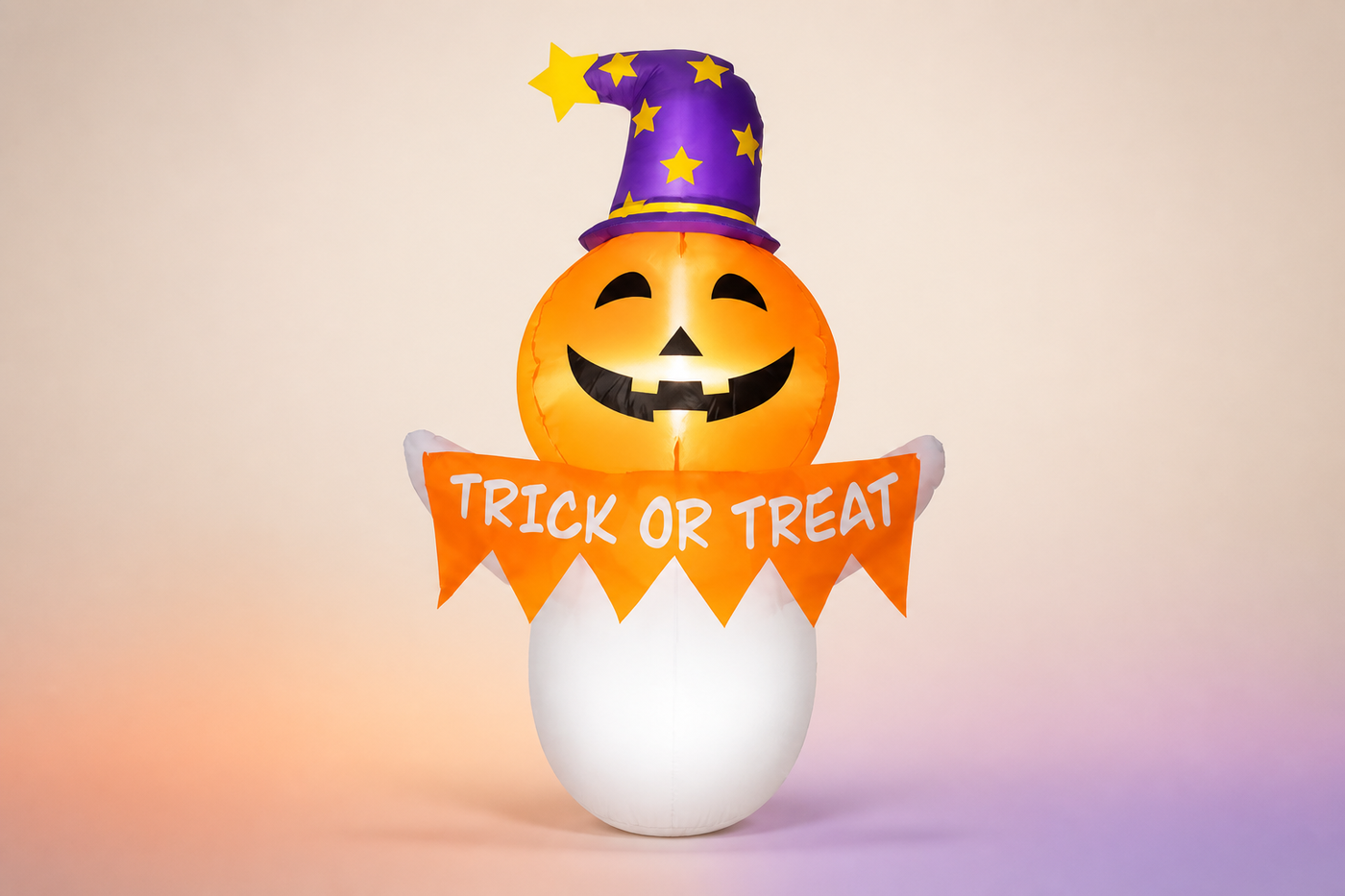 SpellGlow pumpkin ghost window inflatable with purple star hat and orange trick-or-treat pennant