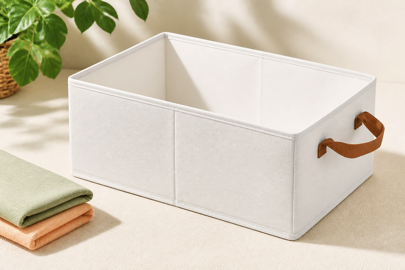 Tuck off-white foldable storage bin with brown pull handle in a clean catalog view