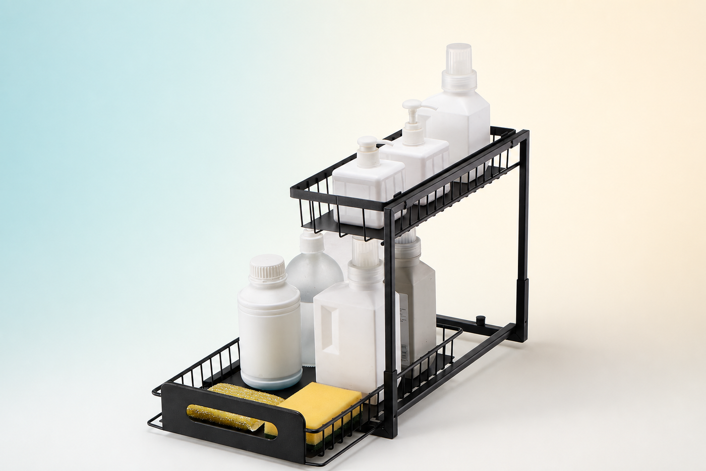 UnderStack black carbon-steel organizer with a narrow upper basket and lower pull-out drawer