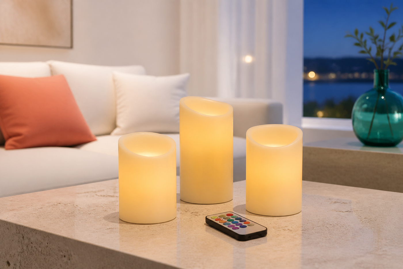 Three ivory Vesper flameless candles glowing warm white with the color remote in a bright living room