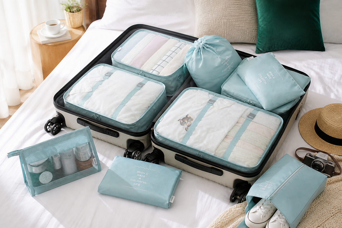 Aqua Voyage packing cubes organizing clothes and travel essentials in a suitcase