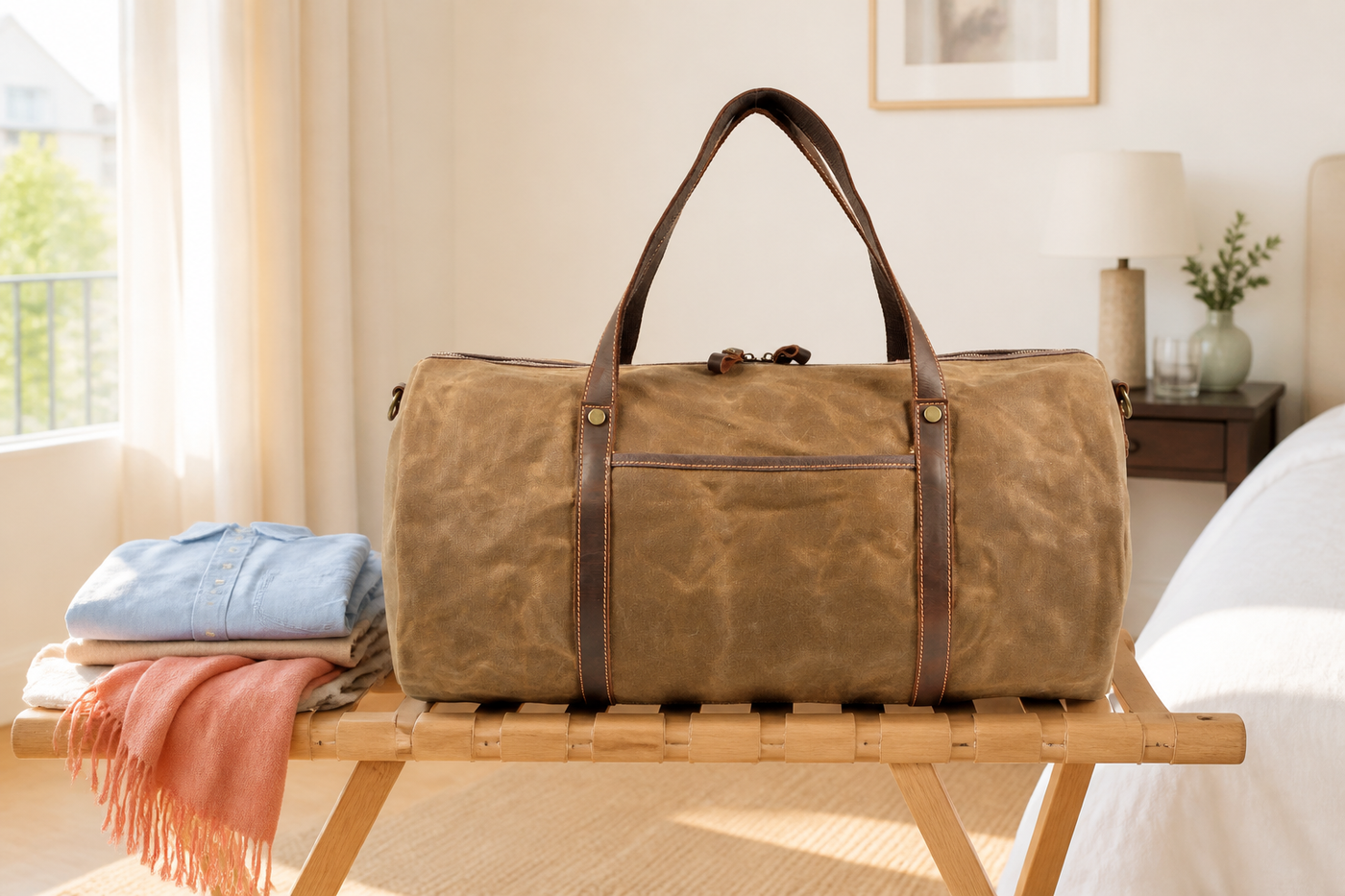 Khaki Wayfarer canvas weekender duffel on a hotel luggage stand