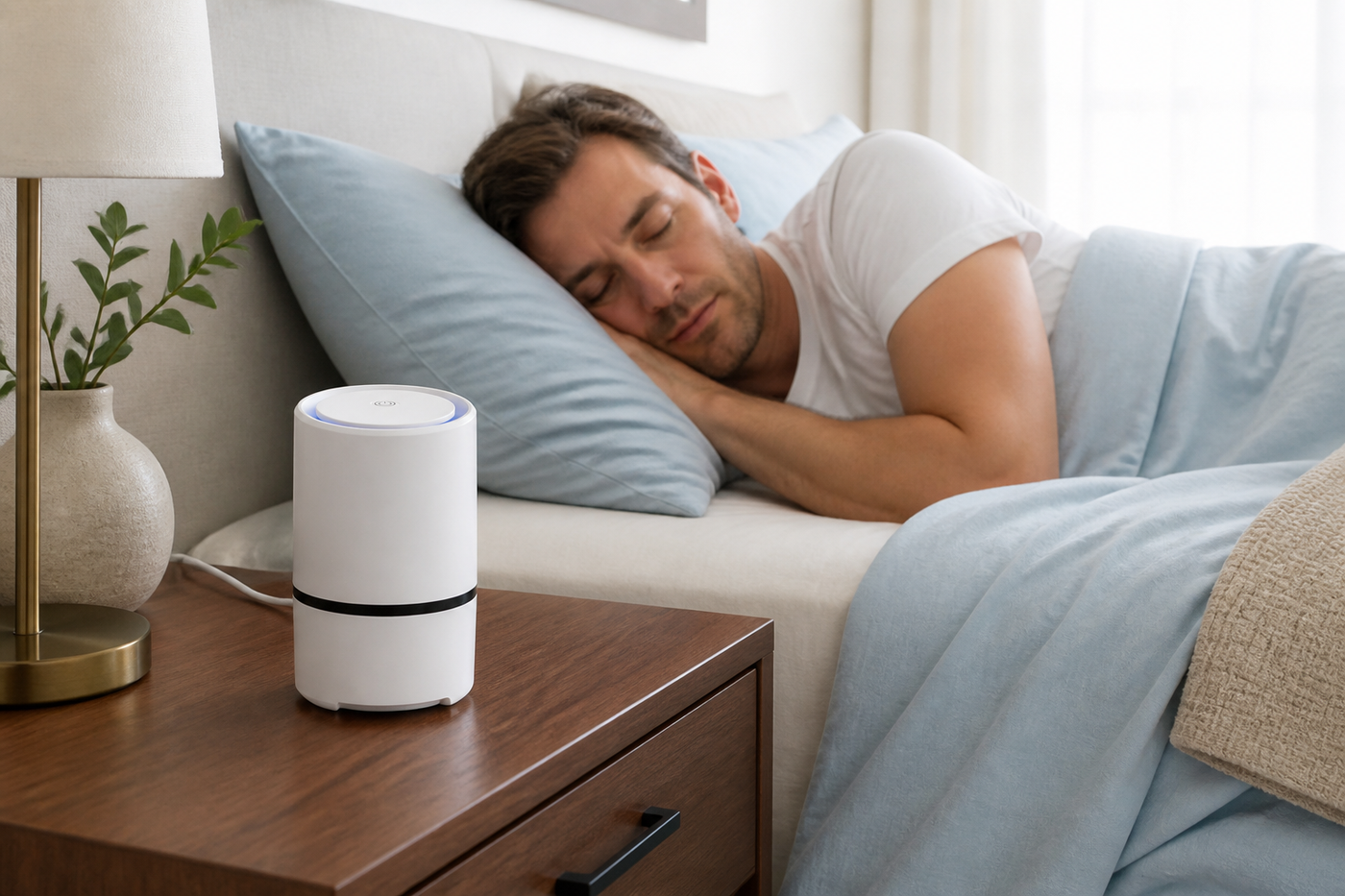 AeroPure compact USB air purifier in a bright bedroom beside a sleeping man