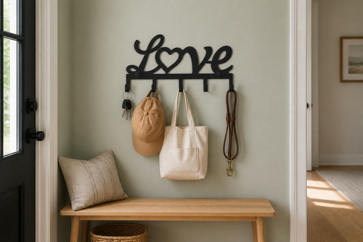 Amour five-hook LOVE wall rack with keys, cap, tote and leash in a sage entryway