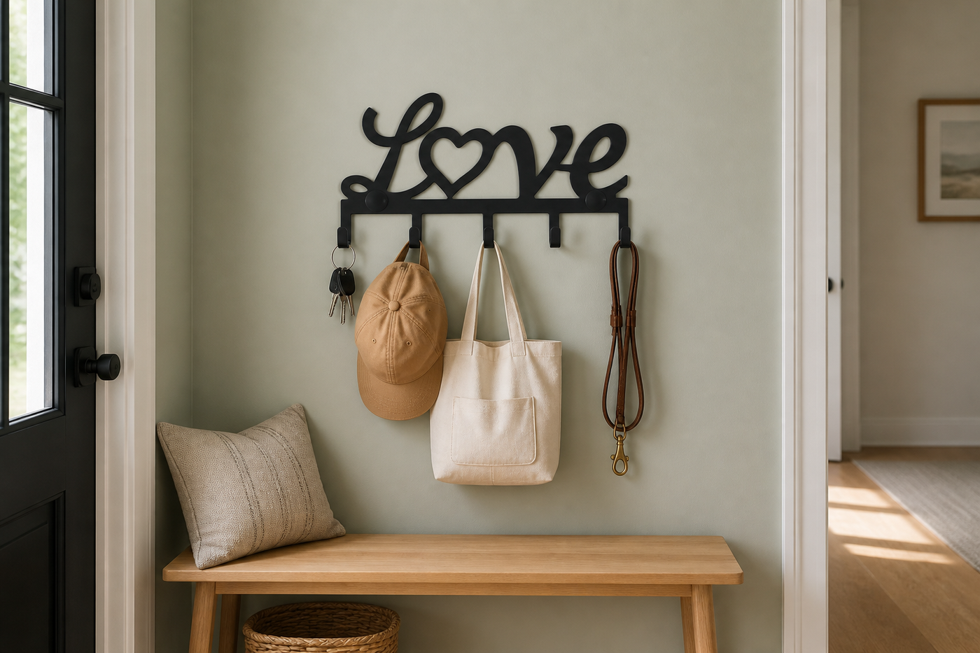 Amour five-hook LOVE wall rack with keys, cap, tote and leash in a sage entryway