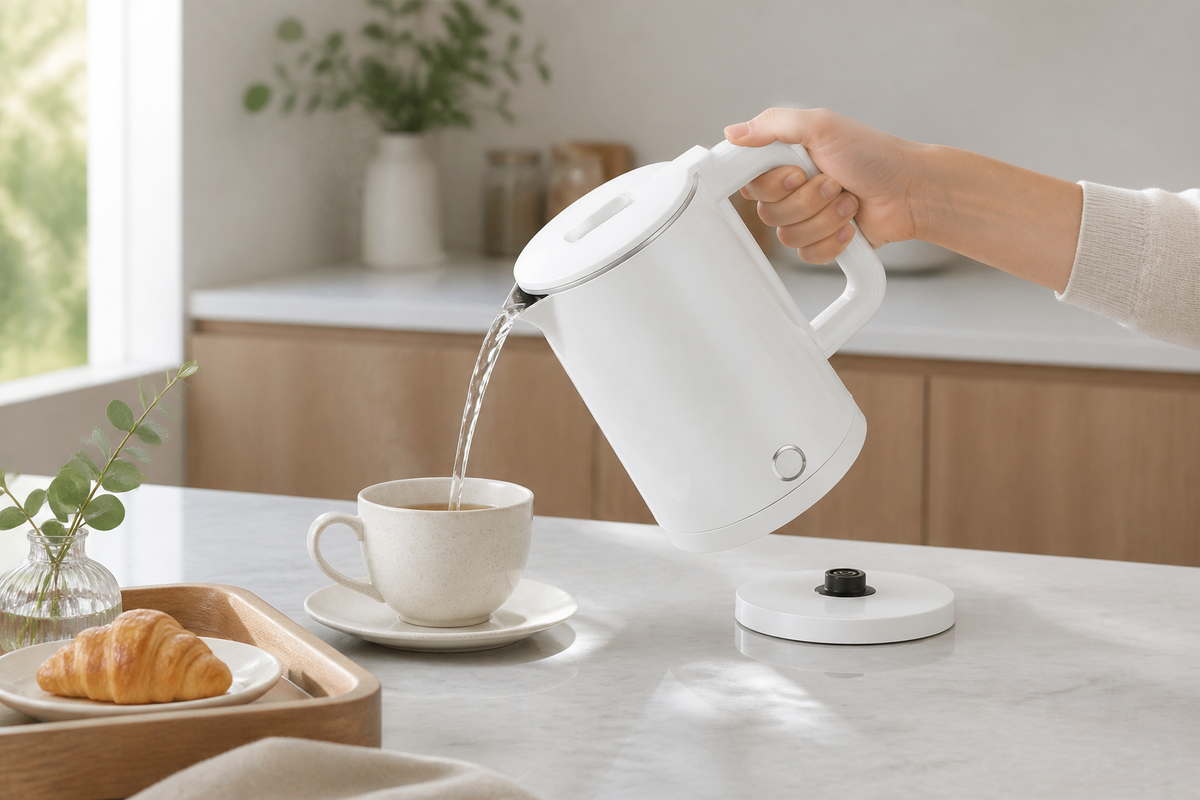 Aria white cordless kettle pouring hot water into a tea cup at breakfast