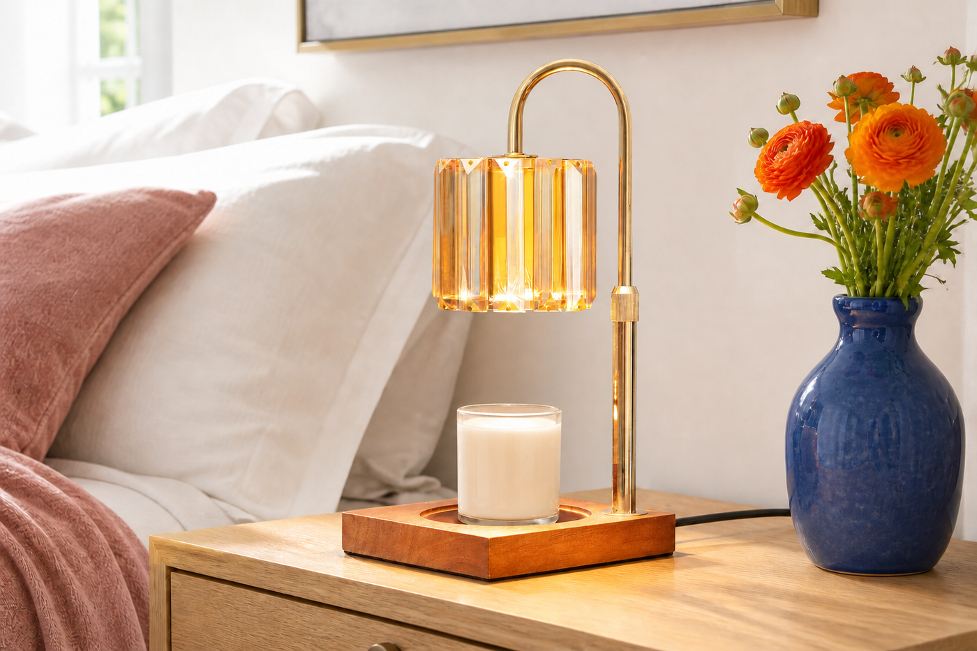AuraMelt gold and amber warmer glowing on a sunlit bedroom nightstand