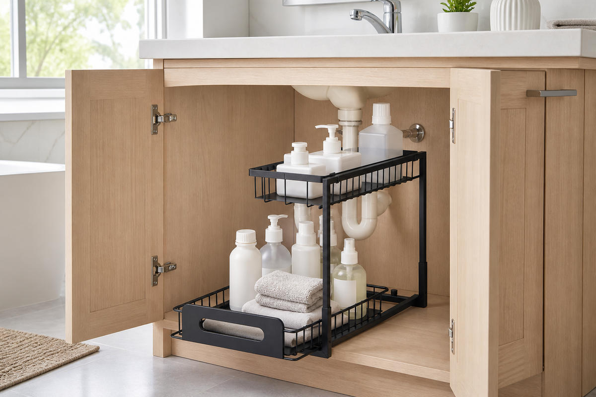 Basin two-tier organizer storing toiletries in a bright bathroom vanity
