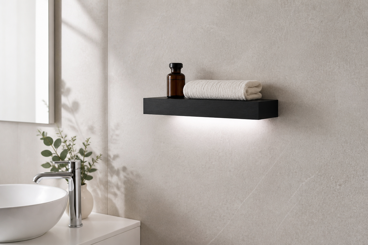 Halo LED Floating Shelf holding a folded towel and amber bottle on a pale bathroom wall