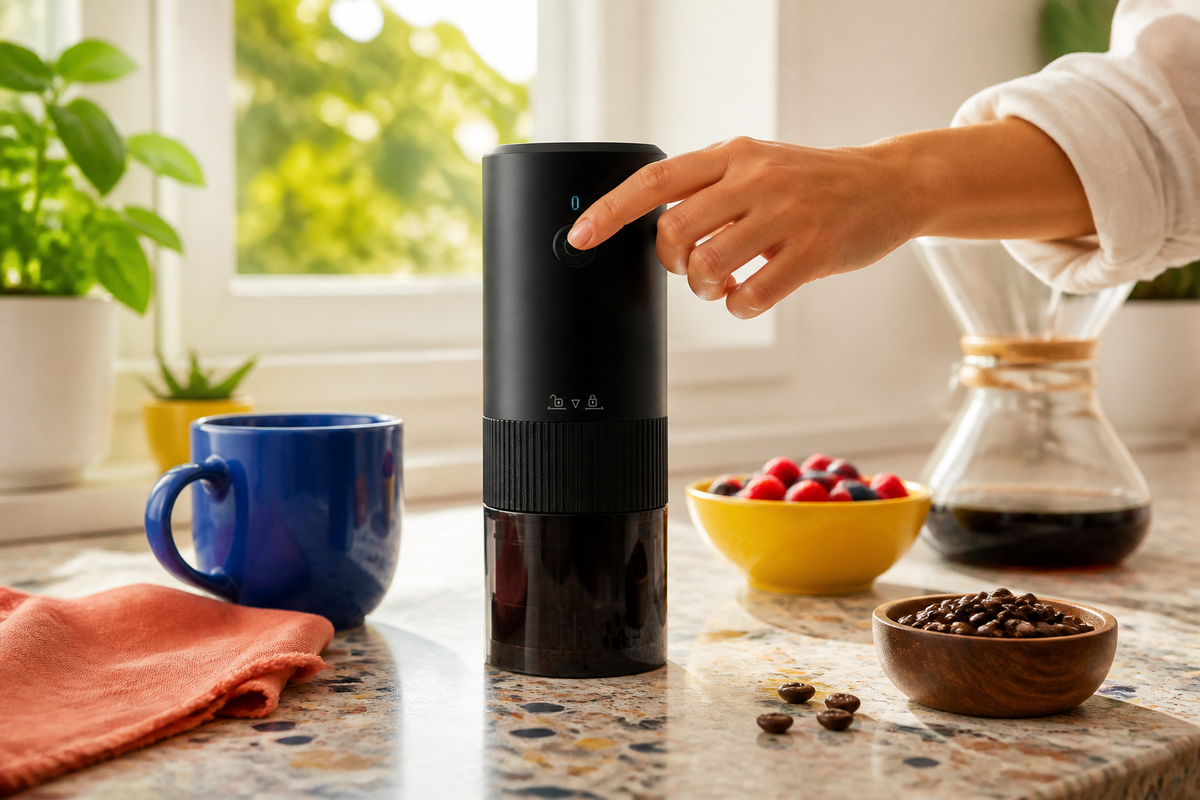 BeanMill Black coffee grinder in use at a bright breakfast counter