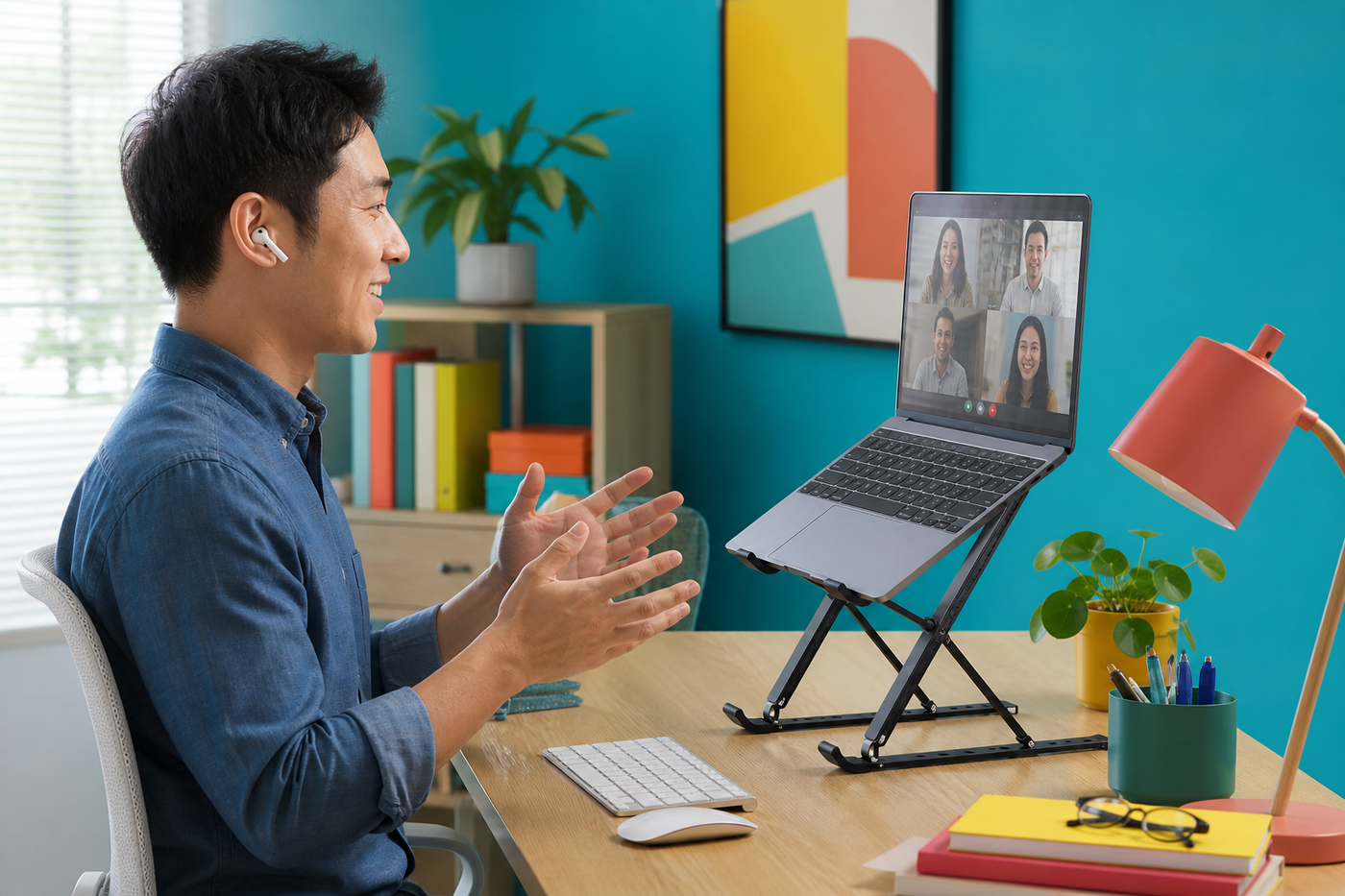 Black RiseRail adjustable laptop stand in use during a video call