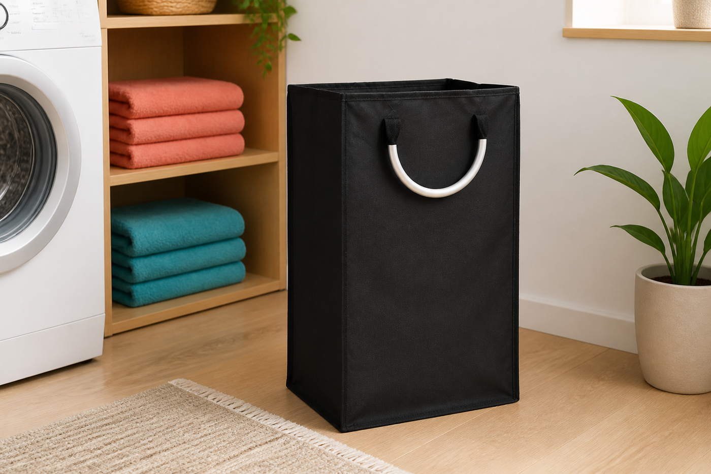 Black FoldCarry laundry hamper with aluminum-alloy handles in a colorful modern bedroom