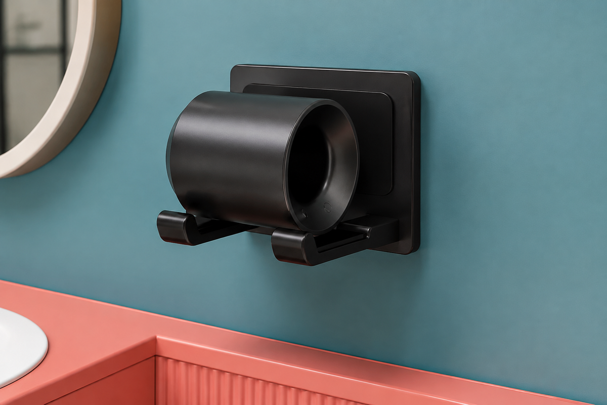Black HaloDock hair dryer holder mounted beside a bright bathroom vanity