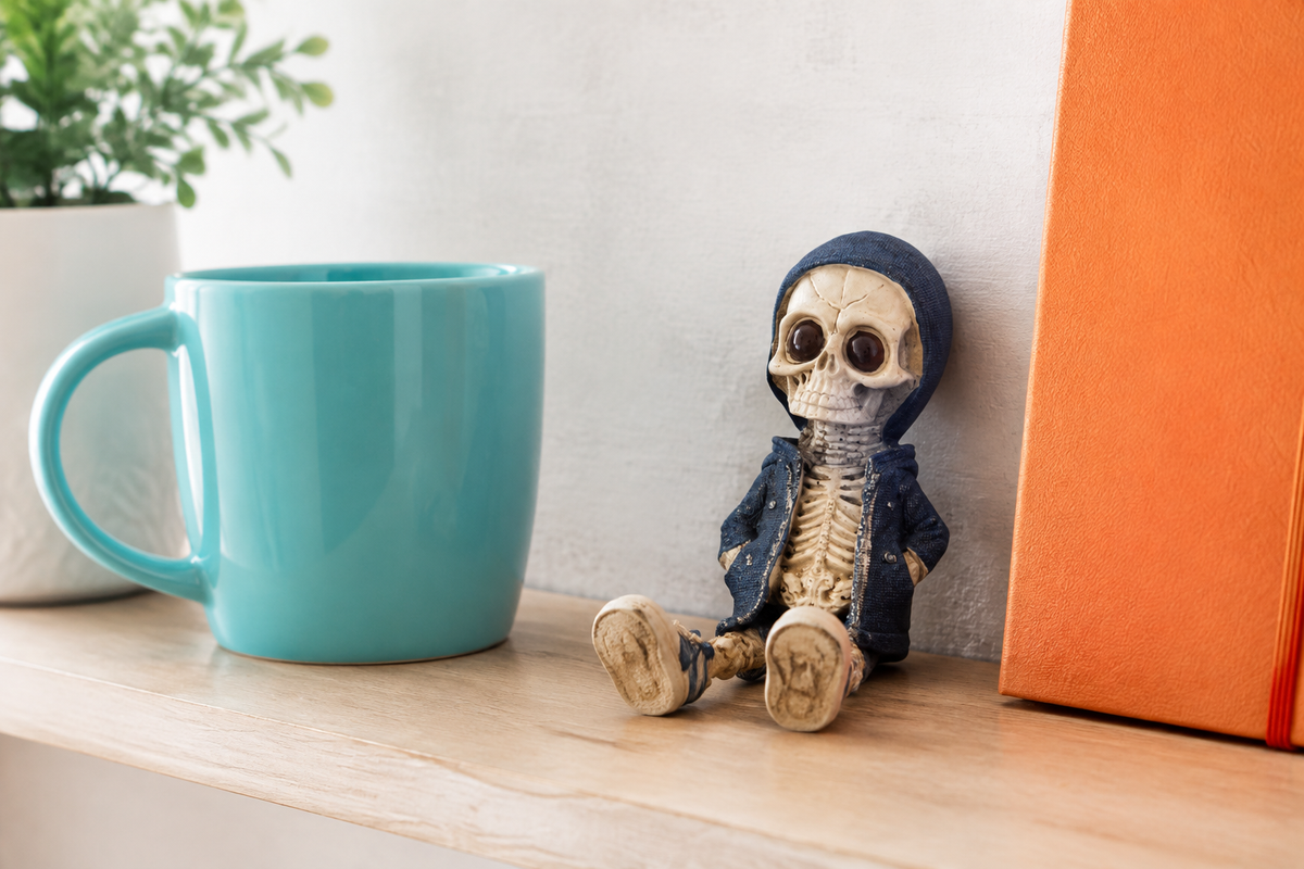 Blue A ShelfBones seated skeleton figurine beside a turquoise mug