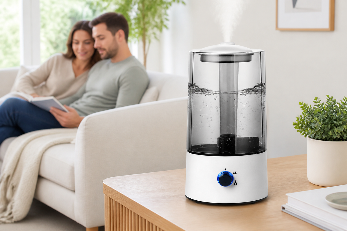 HushMist 4 L cool mist humidifier in a bright living room beside a relaxing couple