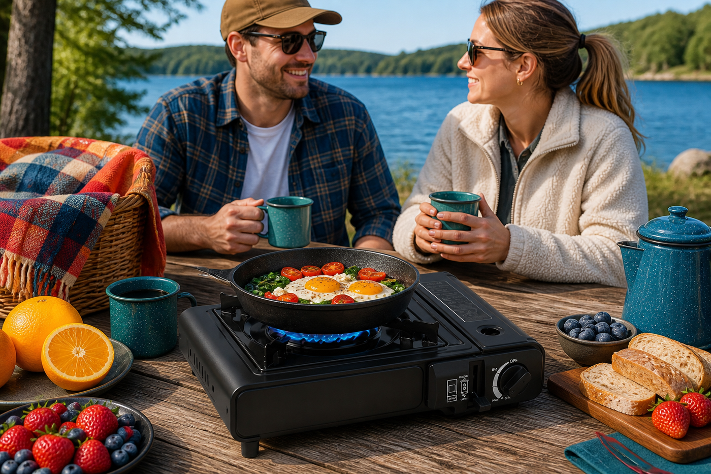 CampFlame camping stove cooking breakfast at a bright lakeside picnic