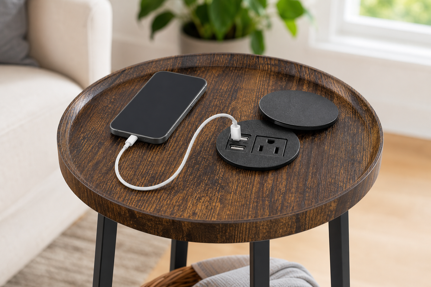 RoundCharge charging hub with two USB-A ports and one AC outlet in natural use