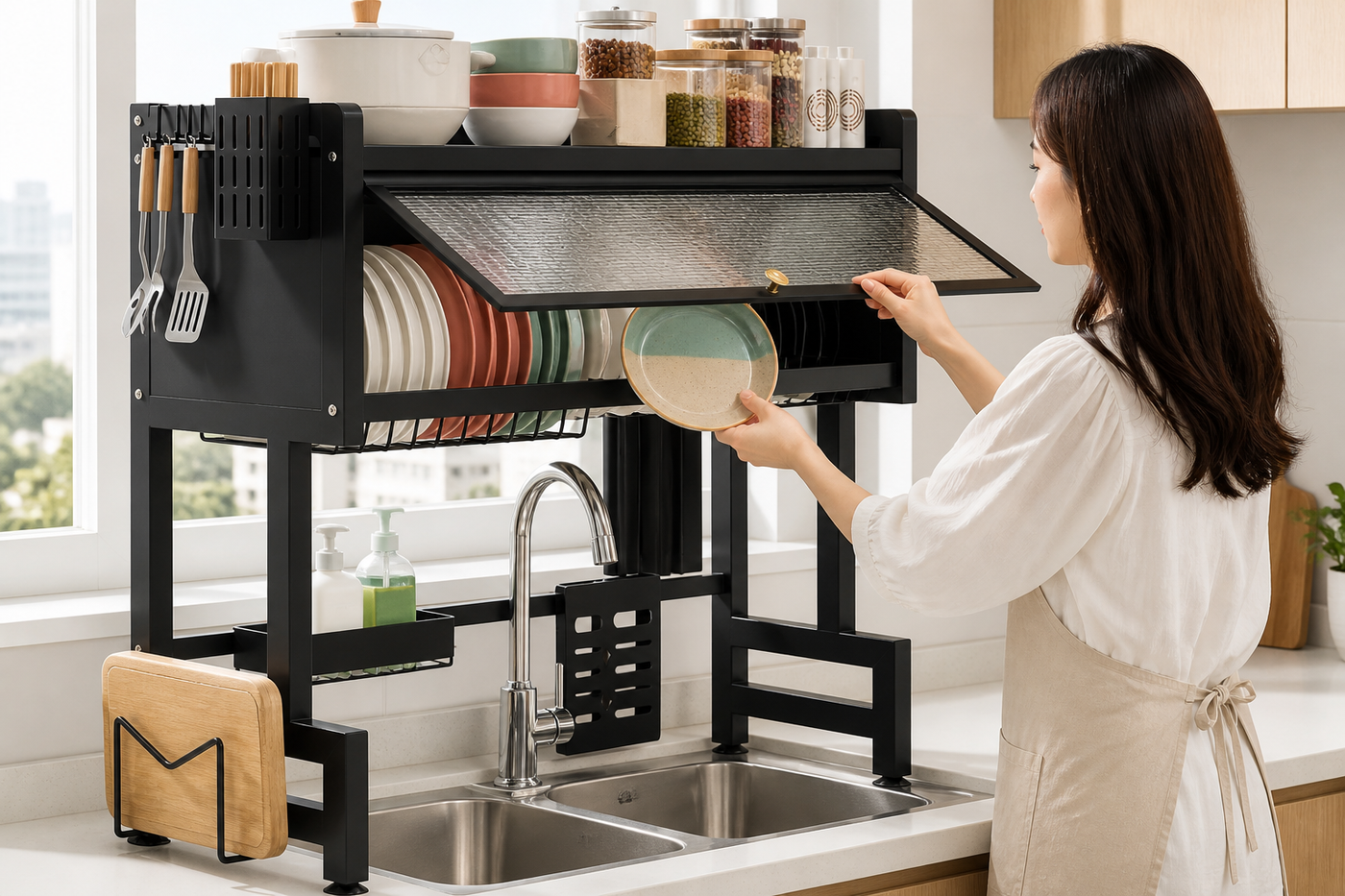 ClearSpan covered dish rack opened while a plate is placed into the upper rack