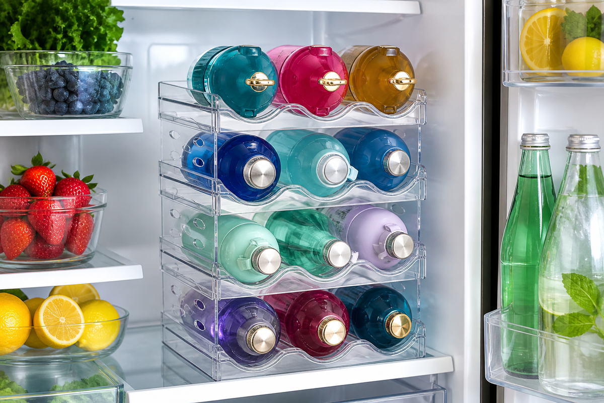 ClearStack 12-bottle organizer storing colorful reusable bottles inside a bright refrigerator