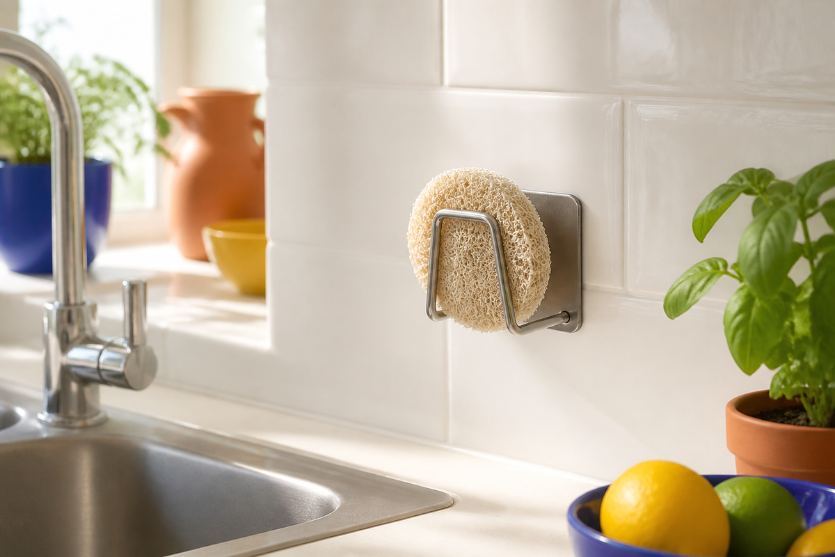 Cling adhesive sponge holder holding a natural loofah on smooth kitchen tile beside the sink