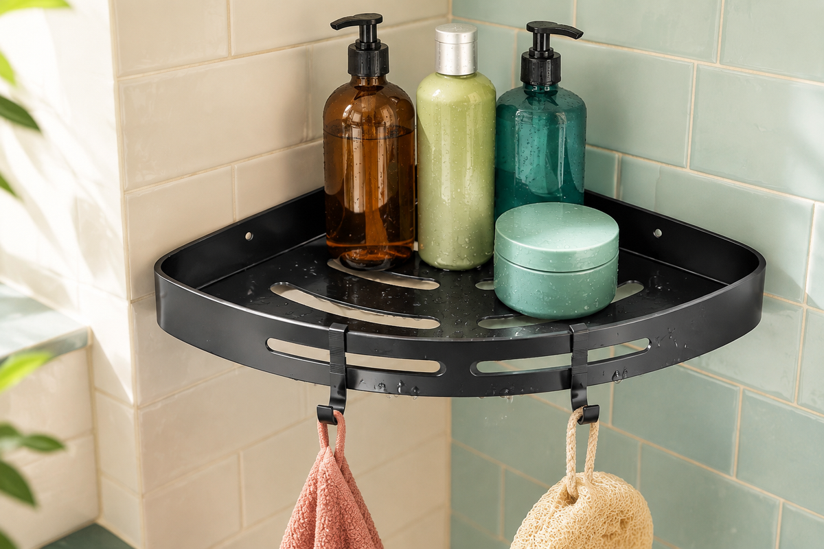 Close view of one CoveRise aluminum corner shelf with drainage slots, two hooks, and water droplets