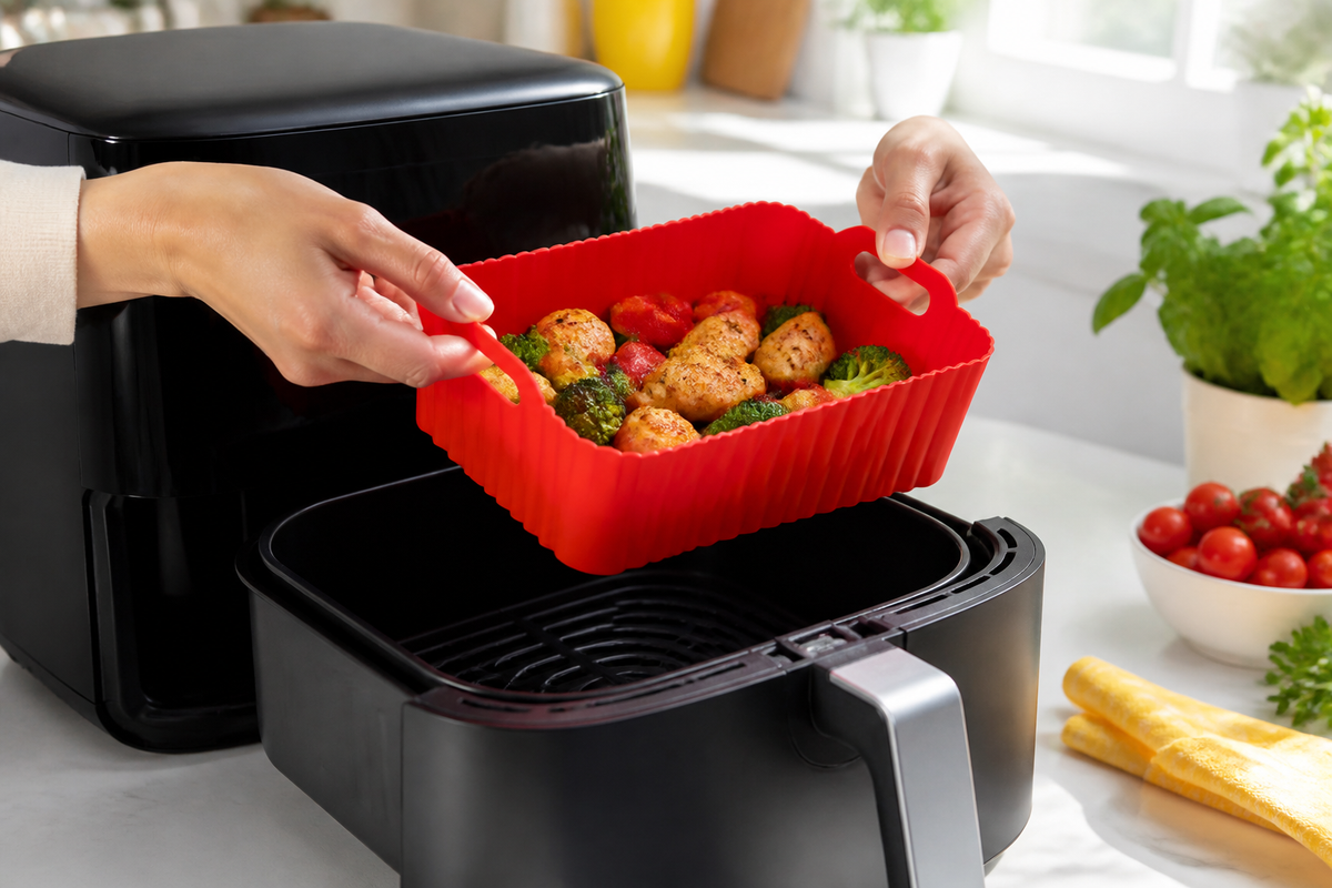 Red CrispNest liner lifting cooked food from an air-fryer drawer