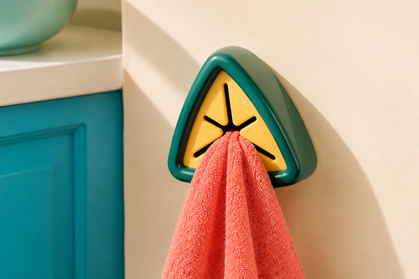 Dark green TuckLoop towel hook holding a coral towel in a bright kitchen