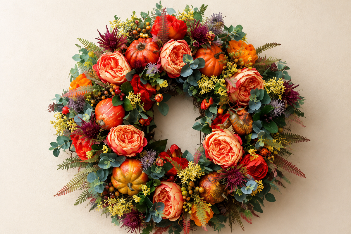 Close detail of HarvestBloom coral peonies miniature pumpkins berries and autumn foliage