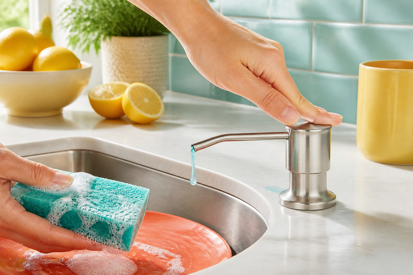 FlowArc built-in soap dispenser beside a turquoise sponge and coral plate during dishwashing
