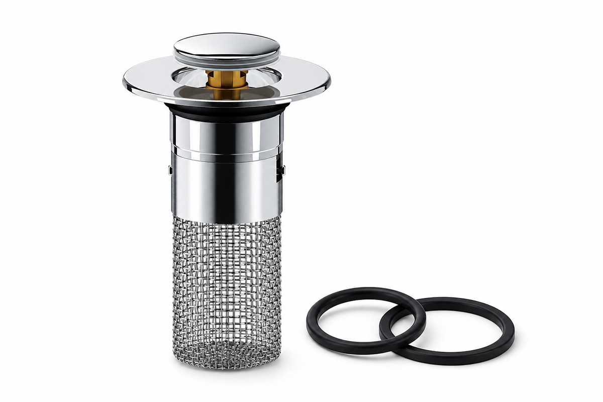 DrainGuard chrome pop-up filter with stainless-steel mesh basket and two silicone rings