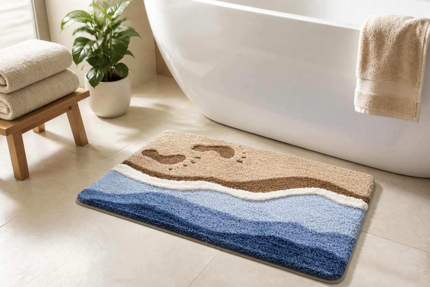 Footprint Shore Drift bath mat beside a freestanding tub